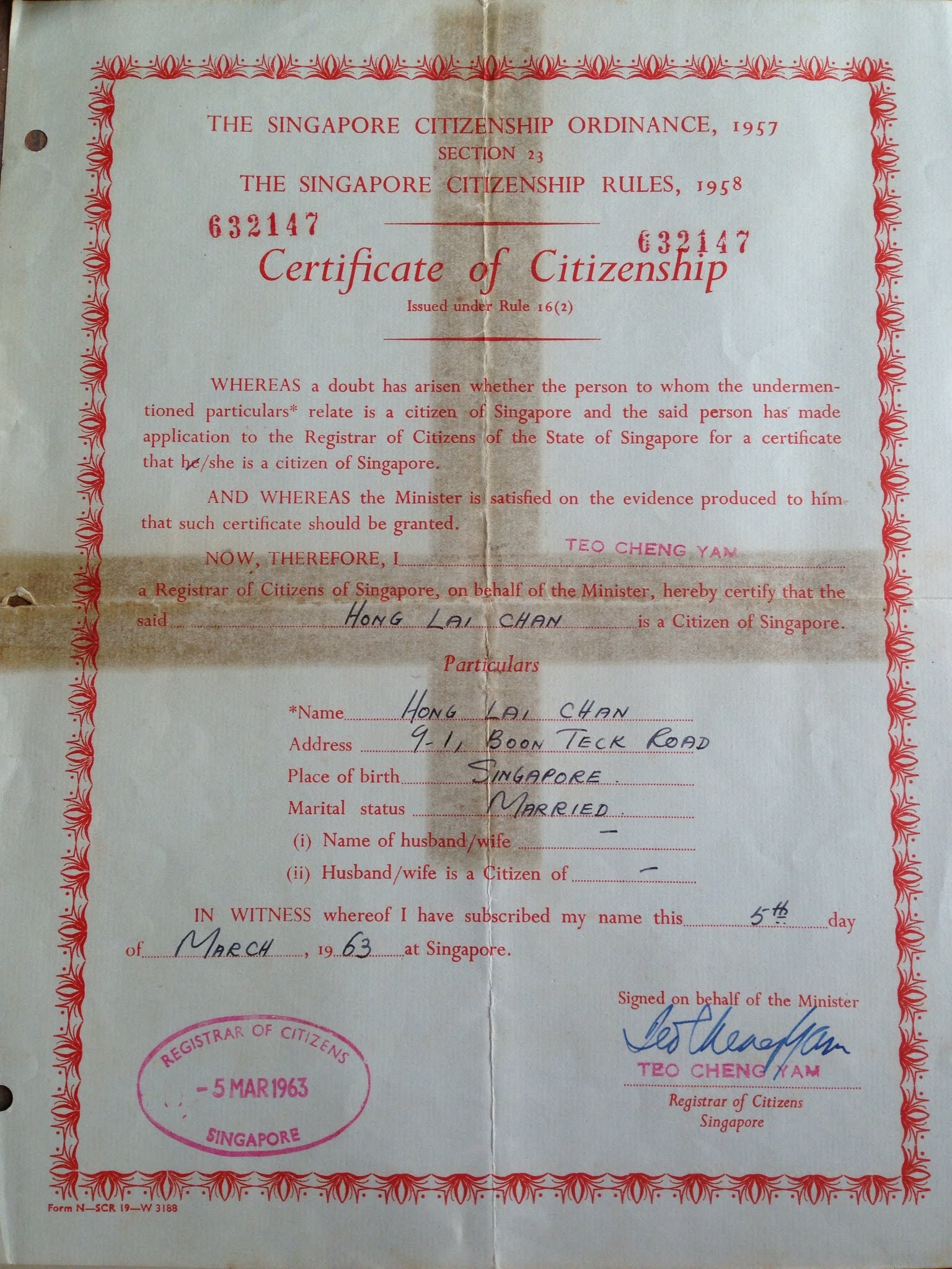 Certificate Of Citizenship Of My Mother (Citizens Of The State Of Singapore 1963)